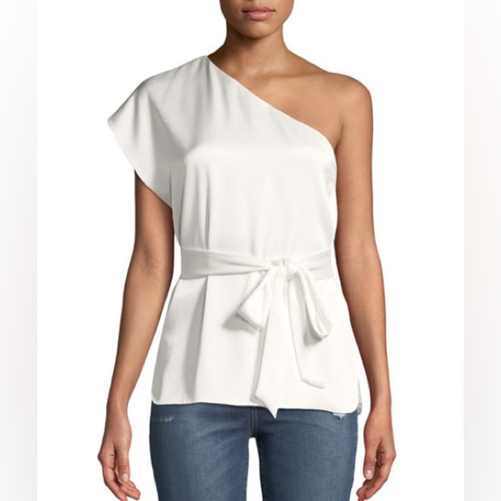 ALICE + OLIVIA Lavine One-Sleeve Tie-Waist Top Satin White Blouse Medium